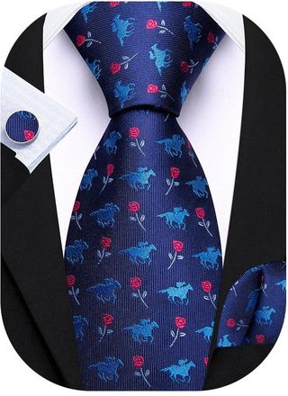 Barry.Wang Mens Tie Silk Blue Necktie Animal Print Pocket Square Cufflinks Set Wedding Business