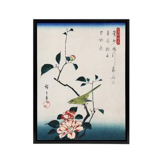 Artery8 Nightingale Japanese Vintage Bird Framed Canvas Wall Art Print Hiroshige in Blue | Size: W24 x H32