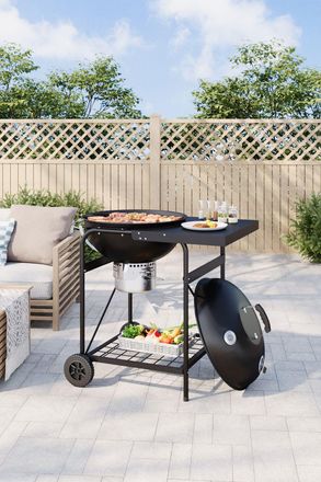 H&O Direct Outdoor Charcoal BBQ Grill with Side Table in Black