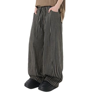 Generic Womens Striped Print Drawstring Waist Straight Leg Pants Casual Long Trousers with Pocket House Boy (Black, L)