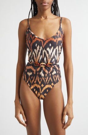 Zimmermann Aster Belted One-Piece Swimsuit in Charcoal Ikat at Nordstrom, Size 0