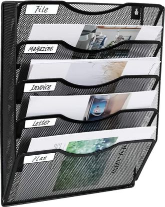 OEM 1 Portadocumentos De Pared, 5 Bolsillos, Malla Met&aacute;lica, Clasificador De Correo, Etiqueta Incluida, Color Negro Para Oficina