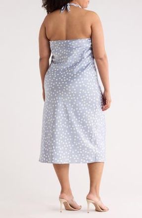Renee C Polka Dot Halter Neck Satin Midi Dress in Steel Blue at Nordstrom Rack, Size 3X