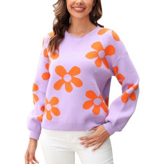 Generic Ladies Jumpers Dressy Casual Flower Patterned Knitted Jumpers Autumn Winter Pullover Sweaters Holiday Knitwear Casual Loose Everyday Sweaters,Zf-Purpl