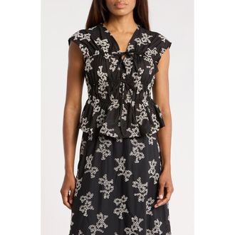 Ellen Tracy Floral Embroidered Sleeveless Cotton Voile Peplum Top in Black Floral Aop at Nordstrom Rack, Size X-Large