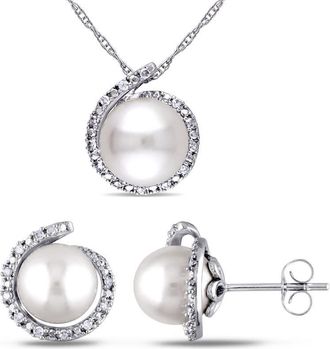 Amour 8-8.5 Mm Cultured Freshwater Pearl and 1/7 CT TW Diamond Halo Stud Earrings and Pendant with Chain Set In 10K White Gold