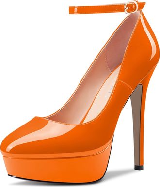 Castamere Women Stiletto High Platform Heel Round Toe Ankle Strap Pumps Court Shoe Slip-on Wedding Party Dress 13 CM Heels Orange 4 UK
