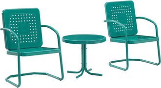 Crosley Furniture Bates 3Pc Outdoor Metal Armchair Set Turquoise Gloss - Side Table & 2 Armchairs