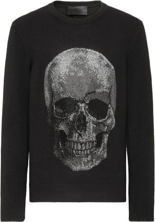 Philipp Plein Cashmere Pullover Ronde Hals LS Iconic Plein met Kristallen - Heren - Cashmere truien - Zwart - 4XL - Truien & Vesten