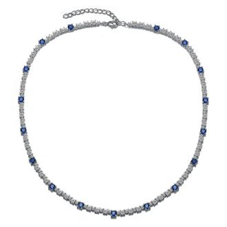 Rachel Glauber White Gold Plated with Sparkling Sapphire Blue Cubic Zirconia Tennis Chain Necklace