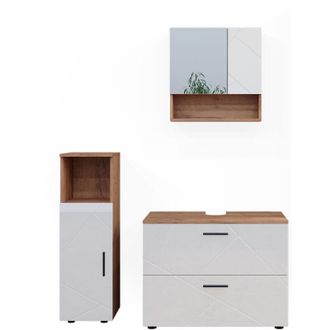 Vicco Conjunto De Muebles De Ba&ntilde;o Irma, Blanco Brillo Intenso/roble Dorado, 3 Piezas, Con Mueble Alto
