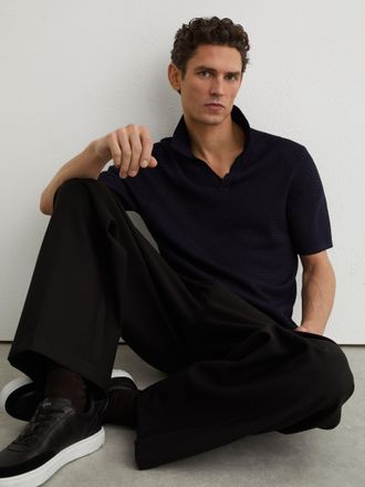 Reiss Navy Open-collar Textured-knit Polo Shirt, XS