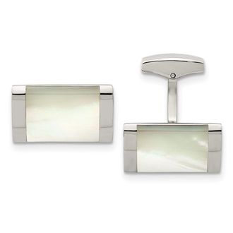Diamond2Deal Stainless Steel Polished Mother of Pearl Rectangle Cufflinks
