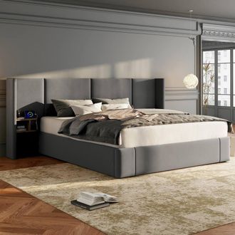 Merax Super King Velvet Ottoman Bed with USB Winged Headboard & Nightstands in Grey