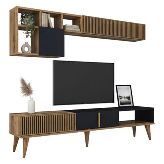 Dmora Dmora - Pared Equipada Gemini, Composici&oacute;n De La Sala De Estar, Muebles De Sal&oacute;n Multiusos, Gabinete De Tv, 180x35h40 Cm, Nogal Y Antracita, Con Embal
