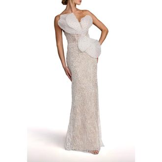 Mac Duggal Sequin Organza Strapless Bow Detail Column Gown in Ivory Nude at Nordstrom, Size 12