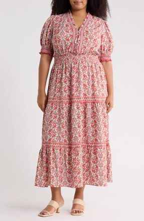 Max Studio Short Sleeve Tiered Maxi Dress in Claret/Cream Paisley at Nordstrom Rack, Size 1X