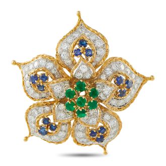 Luxury Bazaar Vintage 18K Yellow Gold 6.0ct Diamond, Emerald, and Sapphire Brooch MF02-061826