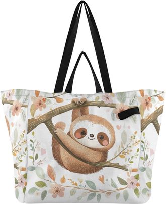 Generic Branch Floral Blossom White print Reusable Canvas Tote Bag, Heavy Duty Grocery Shopping Bag with Large Capacity Hard Bottom Double Handles Work Grocer