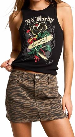 Ed Hardy Rose Ribbed Tank Top In Black