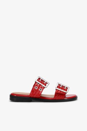 Ganni Feminine Buckle Two-Strap Sandals in Red - Size 5