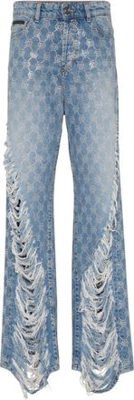 Philipp Plein Denim Skater Fit Broek Strass Monogram - Dames - Flared Jeans - Blauw - W28 - Denim - Jeans
