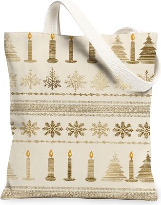 Generic Christmas Candle Canvas Tote Bags, Decorative Winter Pattern Reusable Grocery Bags, Lightweight Washable Shoulder Strap Can, Beige, 13x15 Inch
