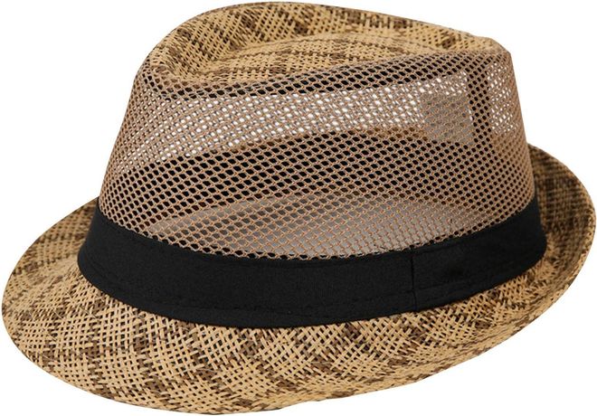 Sun Hats for Men Panama Mesh Breathable Hollow Out Fedora Hat for Men 1920s Short Brims Straw Sun Hat Fisherman Summer Beach Cap Free Size 03 Khaki