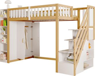 STILVORA Cama Alta 90 X 200 Cm Con Armario, Estantes Y Escalera De Almacenamiento, Sin Colch&oacute;n, De Madera, Blanco Y Natural