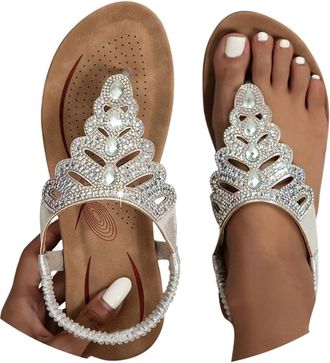 Generic Ladies Faux Leather Open Toe T-Bar Diamante Gem Stone Flat Summer Sandals Causal Lightweight Slip on Slides Platform Slippers Beach Holiday Essential 