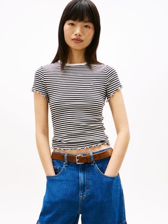 Tommy Jeans T-Shirt TOMMY JEANS TJW SLIM LETTUCE EDGE RIB SS, Damen, Gr. XS (34), schwarz, ecru stripe, Single Jersey, Obermaterial: 95% Baumwolle, 5% Elasthan, g