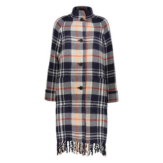 Kenzo Single-Breasted Coats, female, Multicolor, Size: 2XS Checked Wool Coat with Fringed Hemline