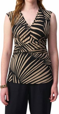 Joseph Ribkoff Tropical Print Waist Sash Flared Top In Black/dune