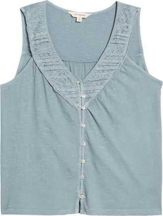 Lucky Brand Lace Trim Sleeveless Cotton Blend Top in Dusty Blue at Nordstrom, Size Xx-Large