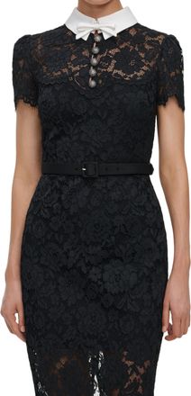 Self Portrait Lace-Embellished Black Midi Dress with Contrast Collar