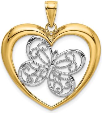 Diamond2Deal 14k Yellow Gold Rhodium Butterfly in Heart Charm