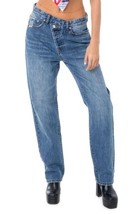 Edikted Crossover Boyfriend Jeans in Blue at Nordstrom, Size X-Small