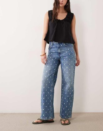Mango Lunares - Jeans dritti in 100% cotone blu medio a pois