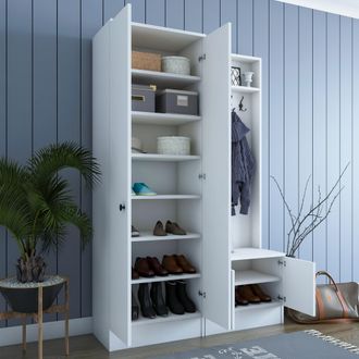 Dmora Mueble De Entrada Grue, 3 Estantes, Perchero, 4 Puertas, 120x37x183h Cm Blanco