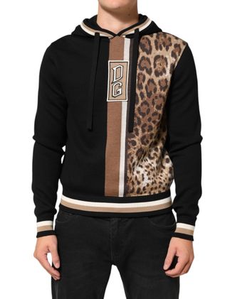 Dolce & Gabbana Black Leopard Logo Hooded Sweatshirt Mens Sweater