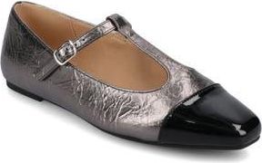 Journee Collection Thea T-Strap Flat in Pewter Crinkle at Nordstrom Rack, Size 6.5