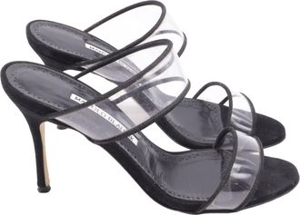 Manolo Blahnik PVC Strap Heeled Mules in Black Suede