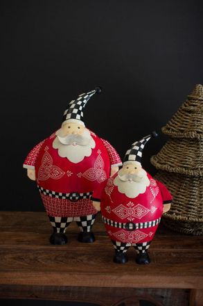 Kalalou Set Of Two Painted Metal Santas With Checkered Detail