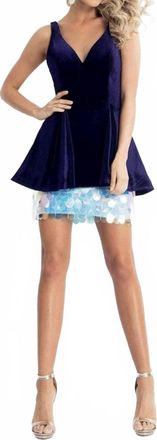 Rachel Allan Short Sleeveless Homecoming Dress In Deep Indigo/white Iridescent