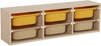 Sweeek Childrens storage unit with 6 plastic bins, White-coloured, Mustard yellow/Taupe, 97.5x21x29.4 cm - Sora