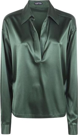 Tom Ford Overhemden, Dames, Groen, M, Satijn, Stretch Zijden Satijnen Polo