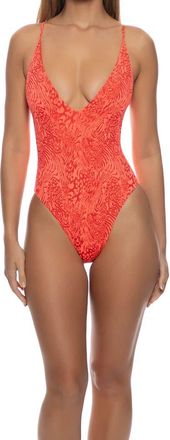 Luli Fama Untamed Instinct Deep V One Piece in Coral Red at Nordstrom, Size X-Large