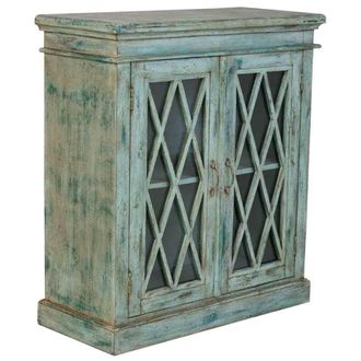 Wanderlust Deco Aparador de madera y cristal con 2 puertas, 90x40x100h cm azul