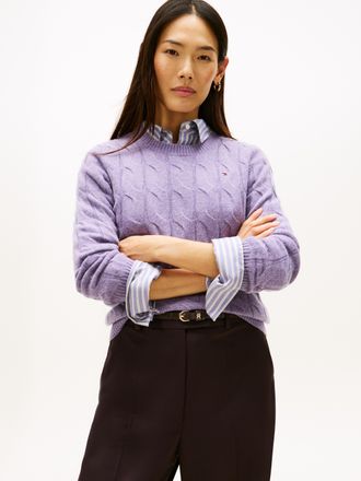 Tommy Hilfiger Strickpullover TOMMY HILFIGER SOFT WOOL CABLE C-NK, Damen, Gr. XXL (44), lila heather, Strick, Obermaterial: 100% Wolle, unifarben, normal, Rundhals, 