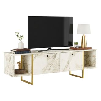 Dmora Dmora - Mueble De Televisi&oacute;n Arneb, Aparador De Sal&oacute;n, Mueble Bajo Para Tv, Base De Pared Equipada, 160x40h48 Cm, Blanco Y Oro, Con Embalaje Reforzado